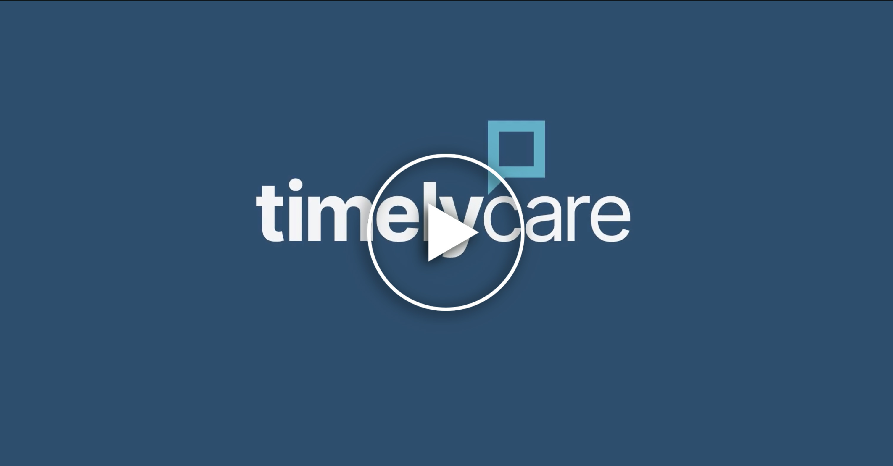 Blue background with timleycare logo in white with a play button button