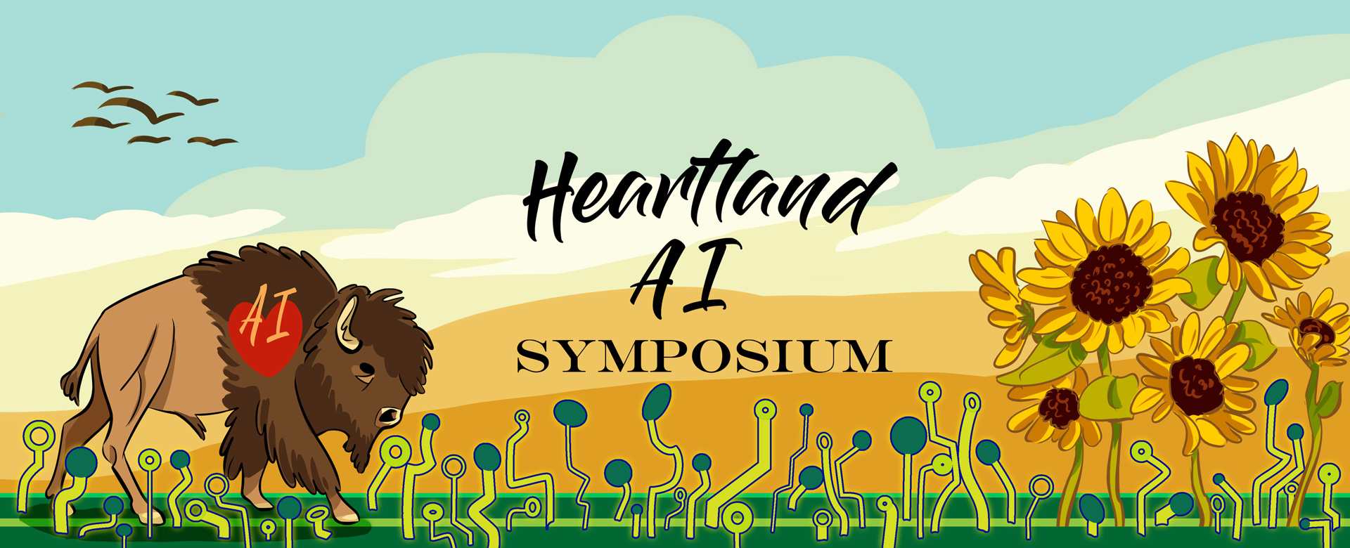 landscape with a bison on the left and sunflowers on the right. The bison has a heart on its chest that spells Heartland AI symposium. The grass in the landscape is comprised of computer chips seemingly growing out of the ground.