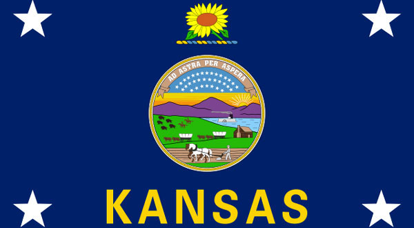 The Kansas state flag, which features the state seal on a dark blue field with "Kansas" in gold below and a sunflower above.