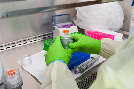 Hands of a researcher working at a machine in a lab.