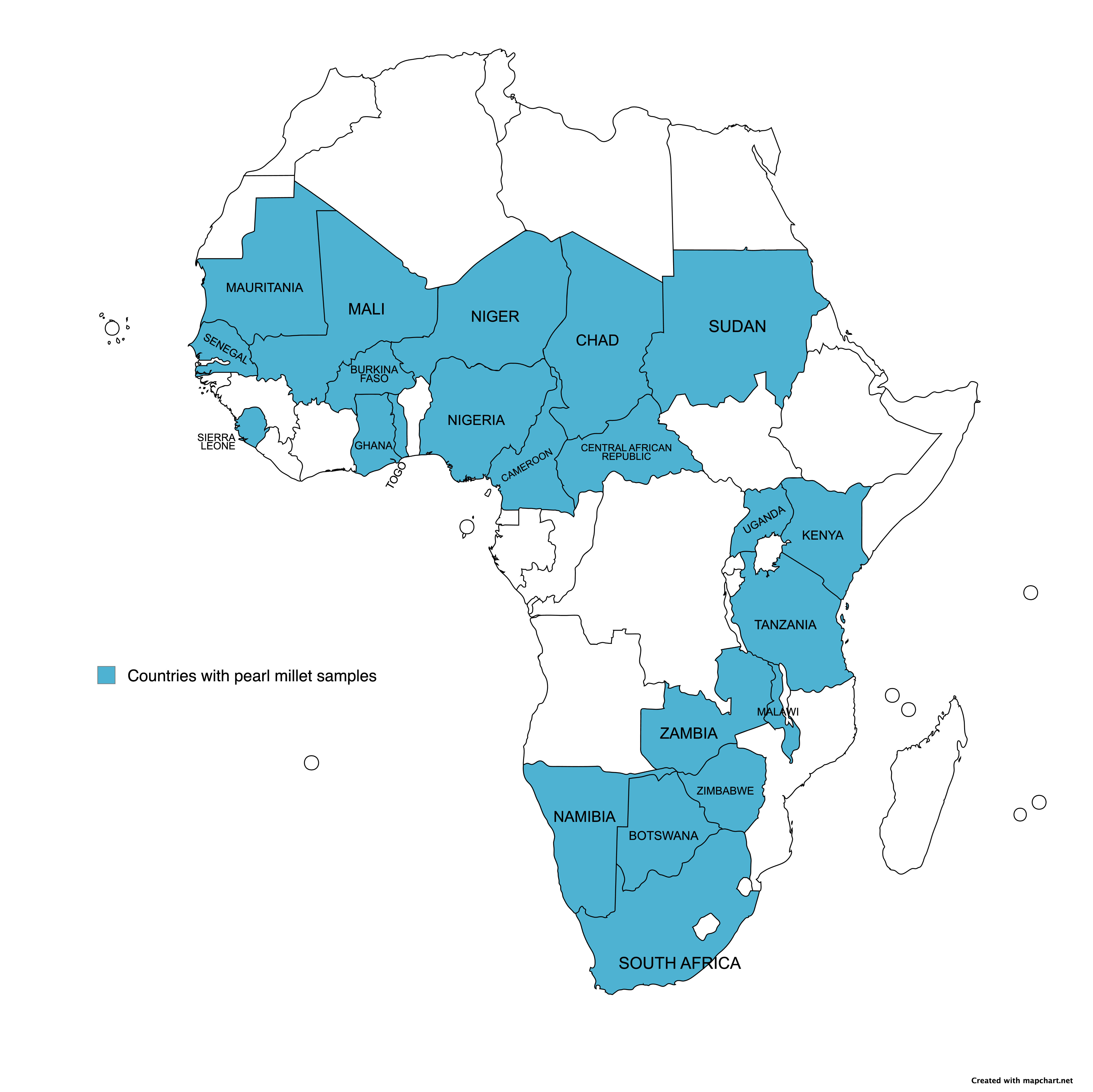 Geographic distribution of pearl millet samples used in this study across Africa. Highlighted countries indicate the countries of origin of the sampled accessions.