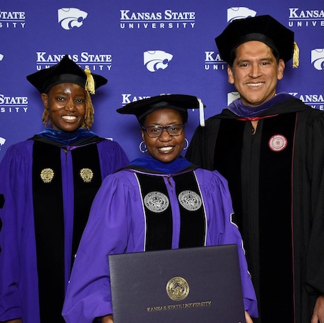 Image of newly hooded Chemistry PhD, Dr Pricilla Matseketsa, together with advisor Dr. Tendai Gadzikwa, and Provost Jesse Perez Mendez.