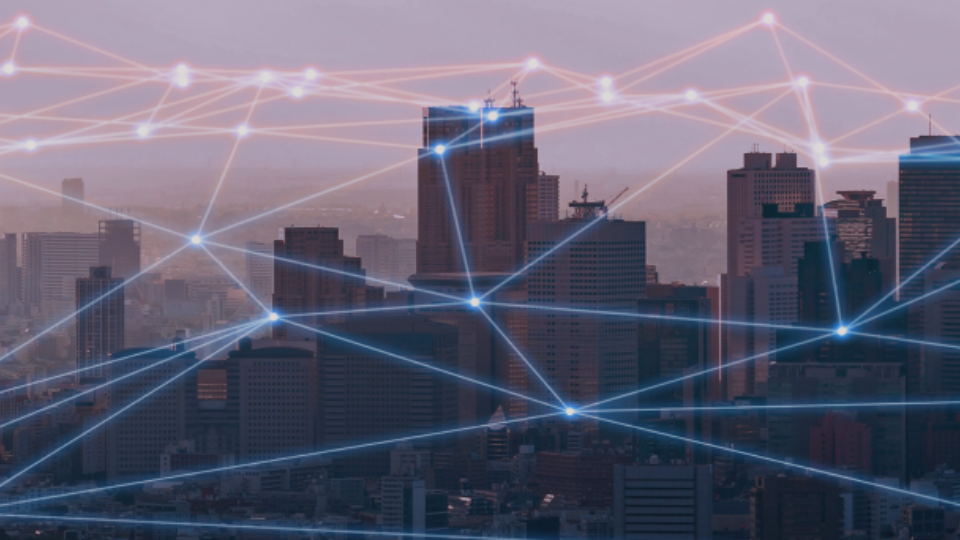 skyline with skyscrapers and geometric lines to indicate people are connected in the city