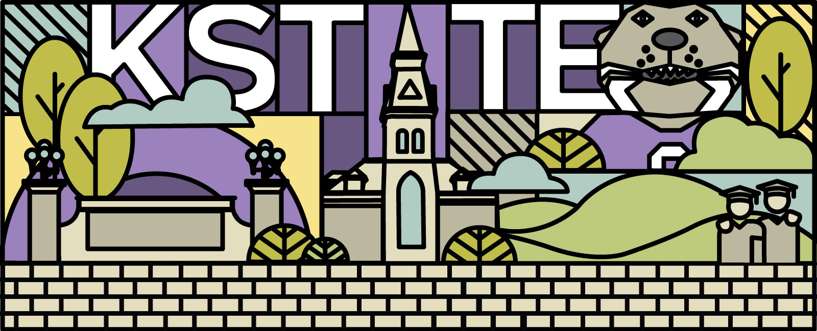 Mosaic illustration of K-State, Willie the Wildcat, Higgenbottom Gate, two graduates