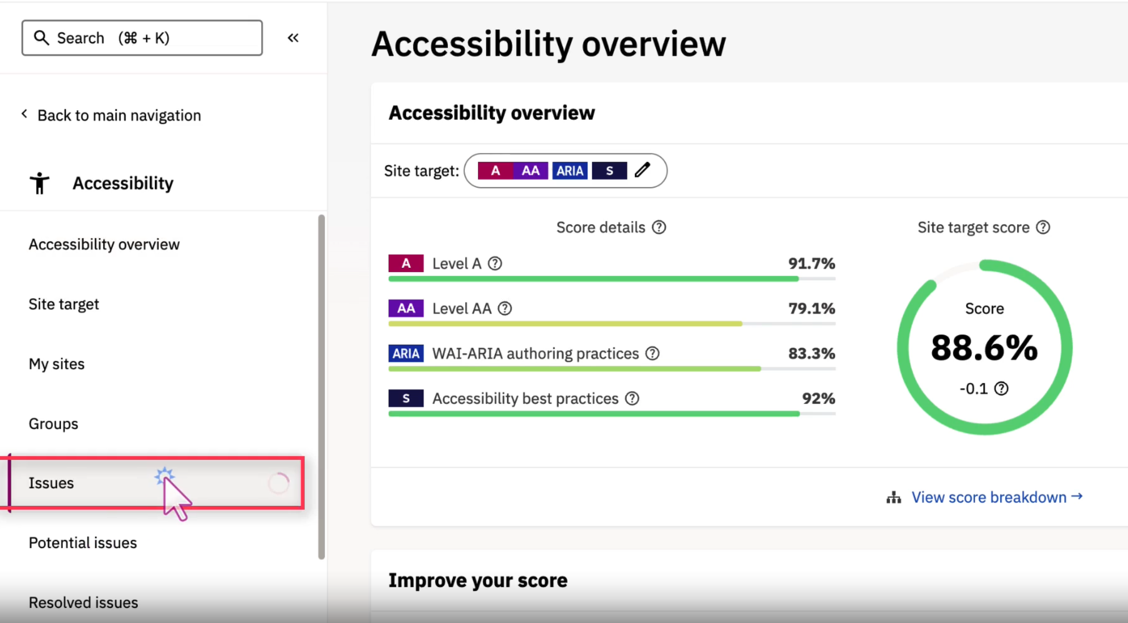 Accessibility Overview screen within Siteimprove, showing accessibility score for sample page