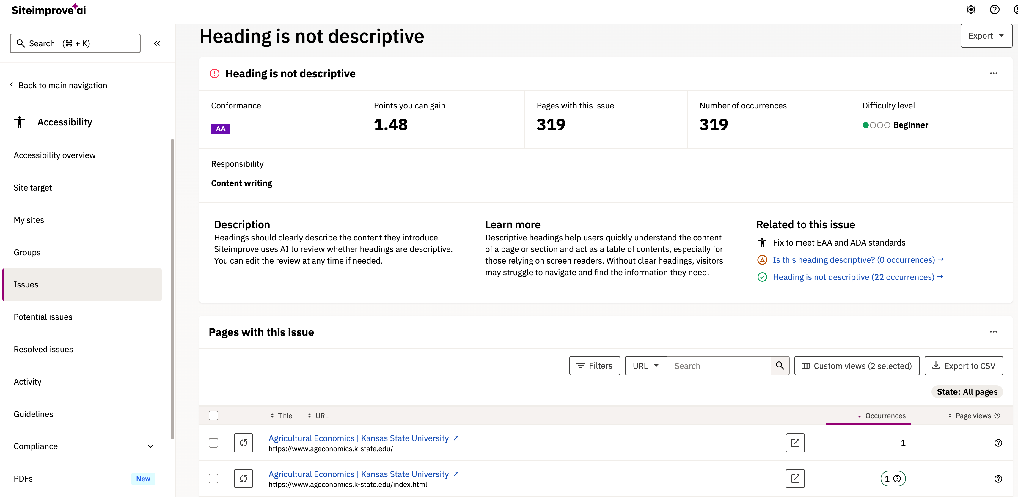 Heading not descriptive enough issue screenshot within Siteimprove, describing the issue and showing where it needs fixed