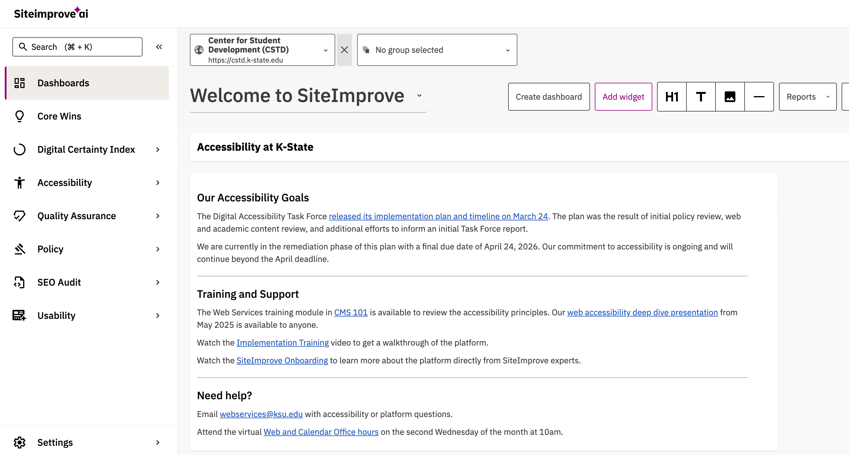 Siteimprove dashboard welcome screenshot, showing information about accessibility initiative and Siteimprove navigation options
