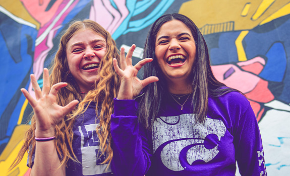 Students standing in front of a mural with powercat hands