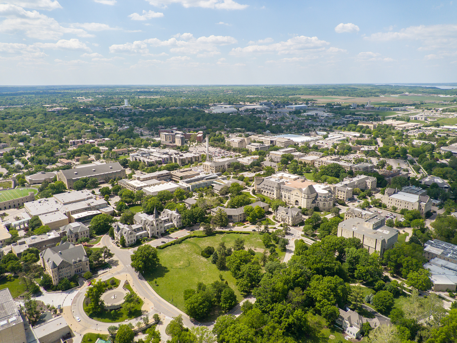 This image shows an aerial view of the Kansas State University Manhattan campus.