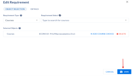 Screenshot/Image from CourseDog of the Requirement Type of Courses and the SAVE option Screenshot/Image from CourseDog of the Requirement Type of Courses and the SAVE option