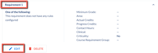 Screenshot/Image from CourseDog of the Requirement section that appears after clicking on the New Requirement button and shows the Edit option to enter the Requirement Screenshot/Image from CourseDog of the Requirement section that appears after clicking on the New Requirement button and shows the Edit option to enter the Requirement