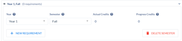 Screenshot/Image from CourseDog of the Year and Semester Drop Down that shows after clicking the New Semester button Screenshot/Image from CourseDog of the Year and Semester Drop Down that shows after clicking the New Semester button