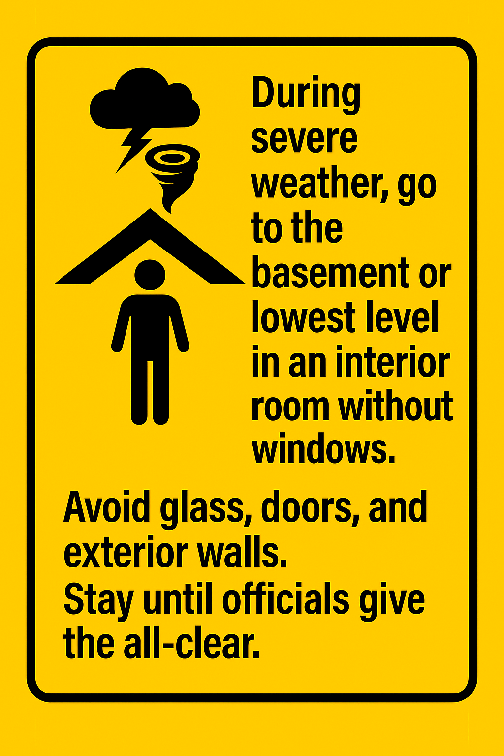 Severe weather sign directing occupants to a low-level floor and away from window