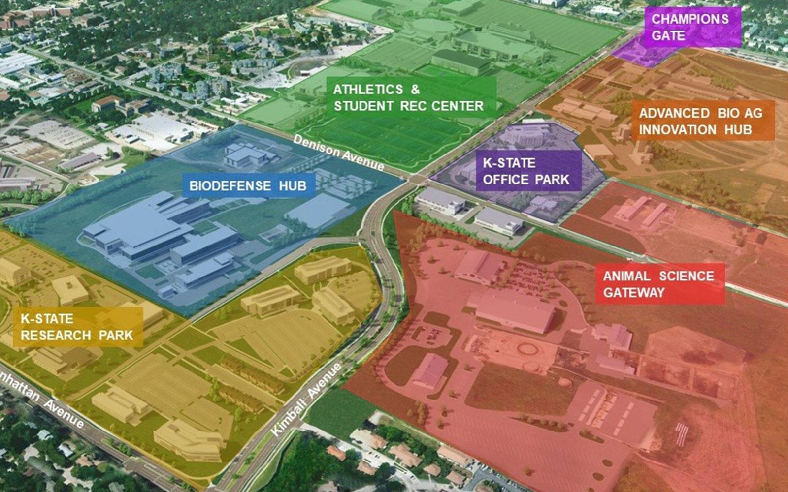 This map shows an aerial view of the K-State Edge District.