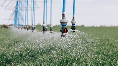 Nozzles spraying water in a center pivot irrigation system