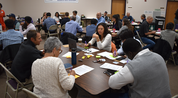 groups of people sit around tables in a meeting room