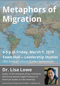 Prof. Lisa Lowe will speak at the 28th Cultural Studies Symposium on March 1 2019, from 4 to 5 pm in Leadership Studies Town Hall