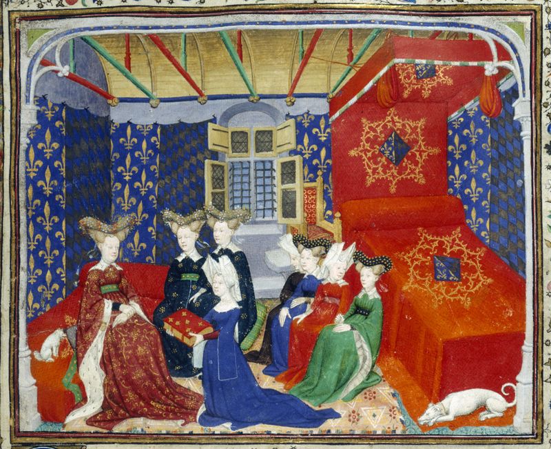 Detail of a miniature of Christine de Pizan presenting her manuscript to Queen Isabeau of Bavaria, France (Paris), c. 1410 – c. 1414, Harley MS 4431, f. 3r