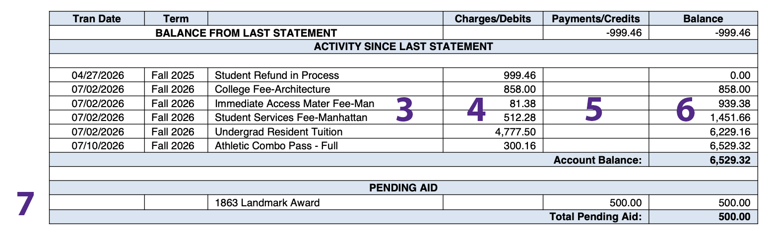 The middle section shows balance from last statement, activity since last statement and pending aid