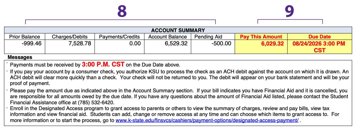 The last section shows the overall account summary, including the amount due and due date.