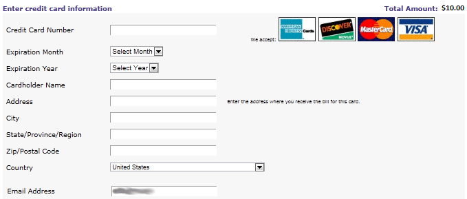 fields for entering credit card information