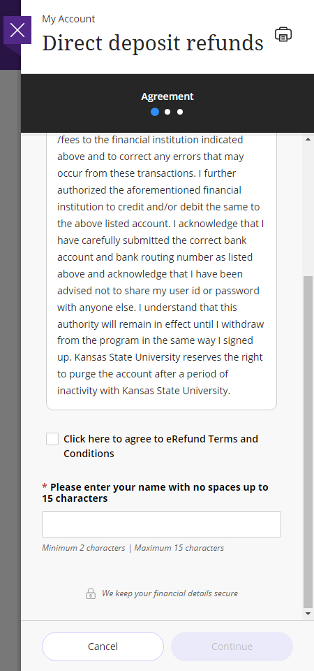 a list of terms and conditions for signing up for direct deposit