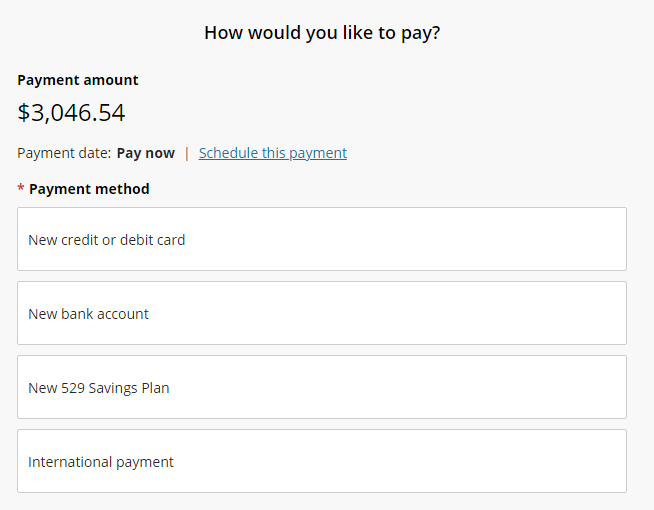 list of payment options, ach, debit, 529, international