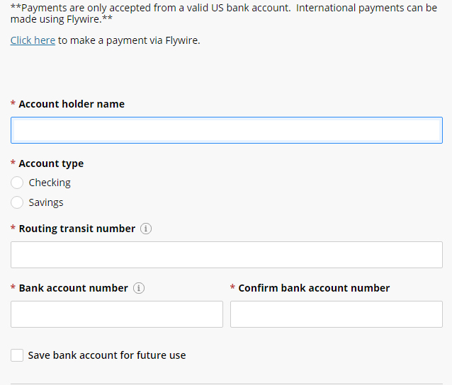 ACH Menu with field for account number information.