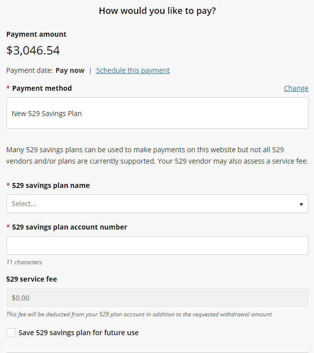 529 Savings Plan Menu with fields for plan selection.