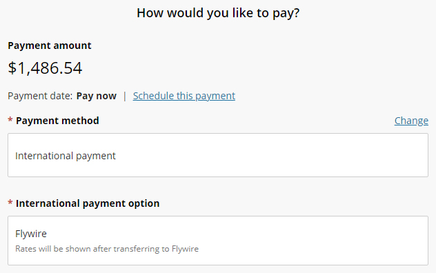 International Payment options with a link to Flywire.