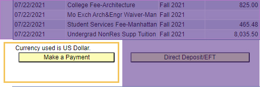 a transactions list of tuition and fees with a Make a Payment button on the bottom left side