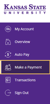 A column with 7 descending tabs, an arrow points at Make a Payment halfway down the column.