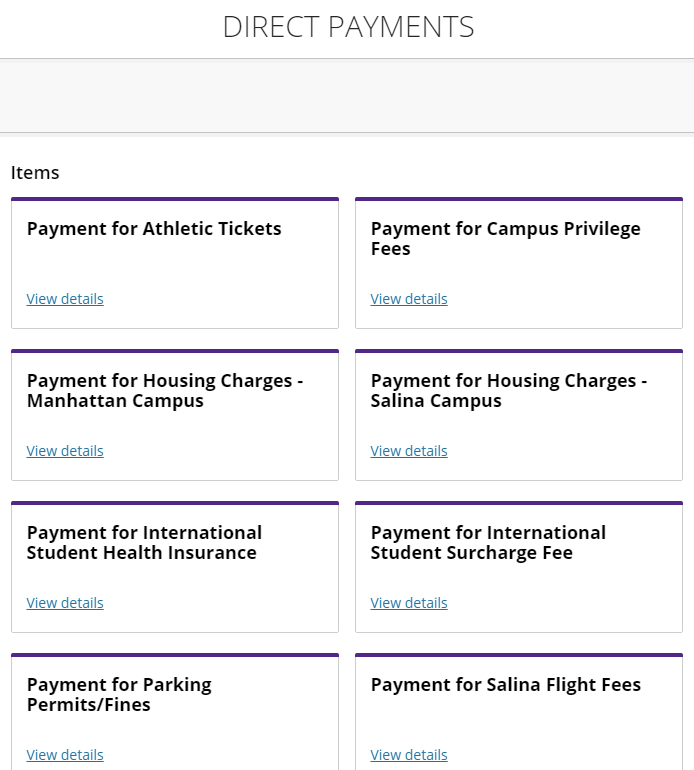 eight panels listing different types of Direct Payments like Athletic Tickets, Campus Privilege Fees, Housing Charges and Insurance