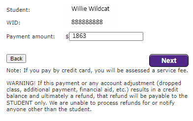 two fields for student name, WID, and a third for the payment amount
