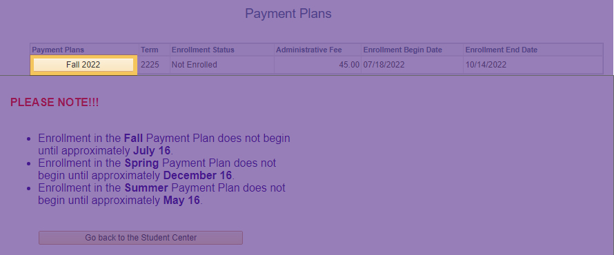Payment Plan Term button reading Fall 2022