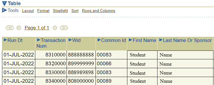 a list of student names and transactions