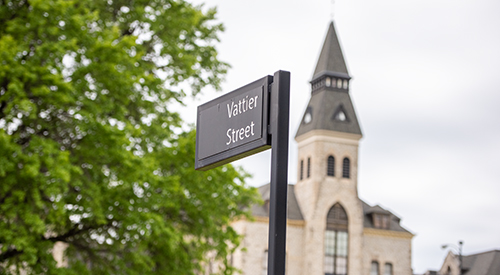 Anderson Hall with a view of the Vattier Street sign