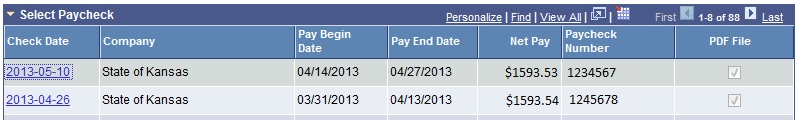 view paycheck list showing columns for check date, company, pay begin date, pay end date, net pay, paycheck number and a pdf file box.