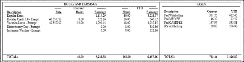 a row showing both hours and earnings and taxes, with rate and year to date info captured