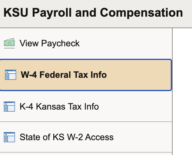 a left hand menu with W-4 Federal Tax Info highlighted