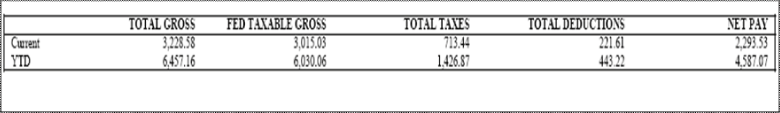 a row showing total gross, fed taxable gross, total taxes, total deductions and net pay