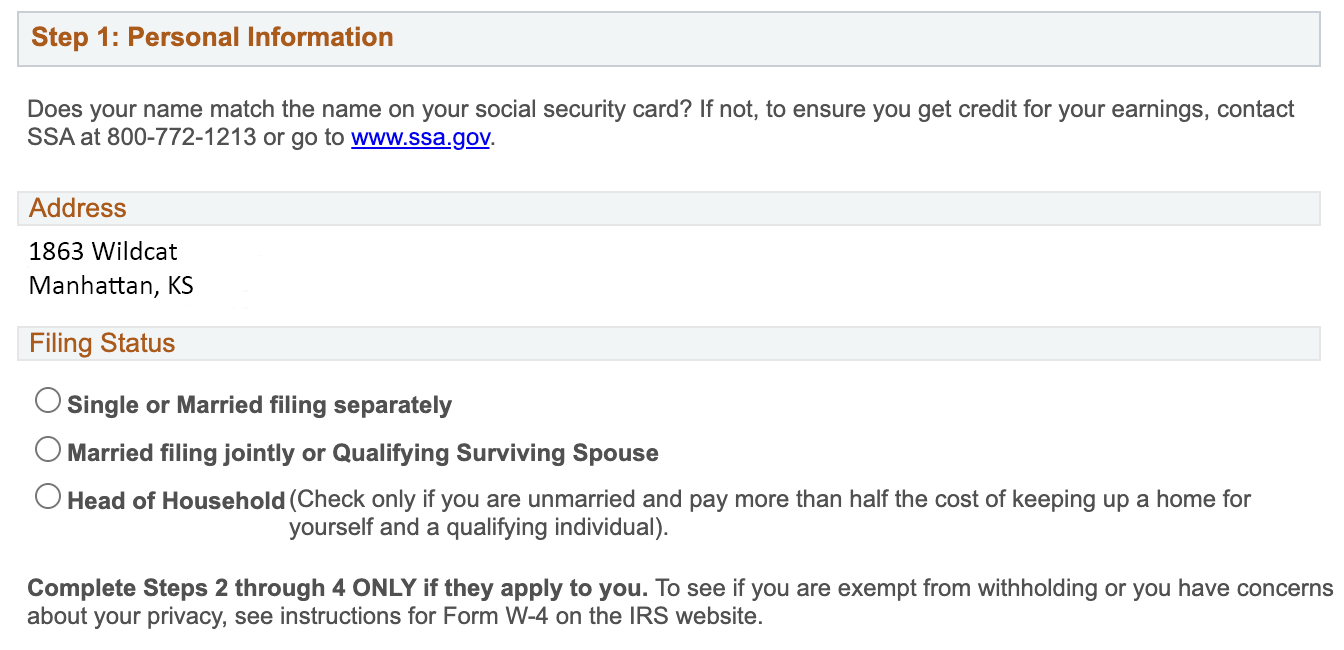 a personal information field including address and filing status (single, married, jointly, and head of household)