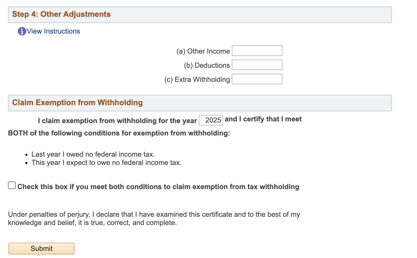 step 4: other adjustments fields and claim exemption from withholding options followed by a submit button