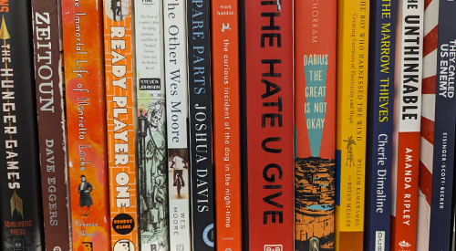 Past common books lined up on a shelf