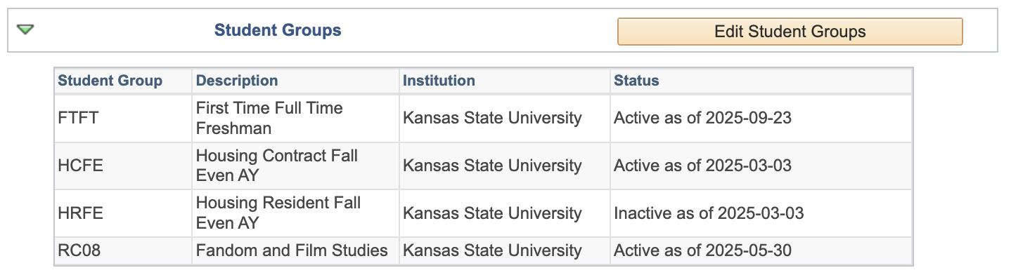 screenshot from KSIS that shows various group codes, including RCO8 Fandom and Film