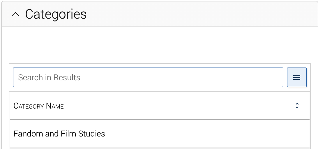A screenshot of Navigate showing the Categories menu with "Fandom and Film Studies" CAT Community listed