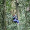 1 student riding a zip-line through the forest.