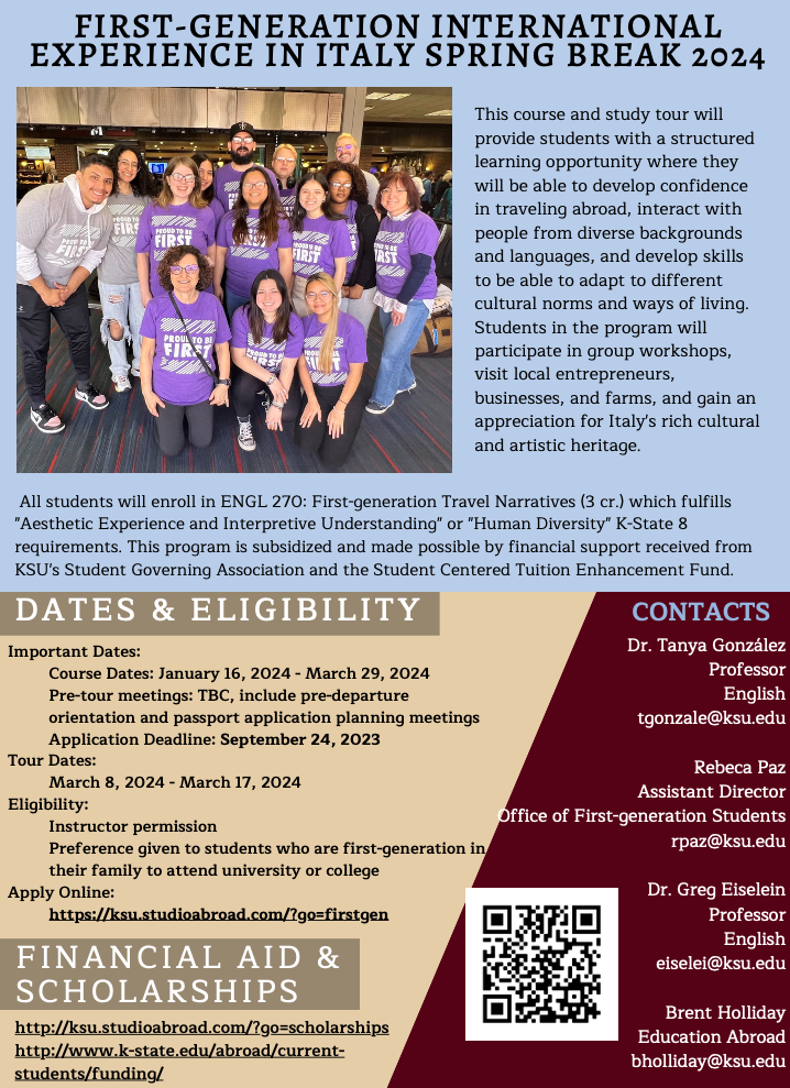 Informational flyer regarding spring break trip to Italy. Full information found in link in the event box.