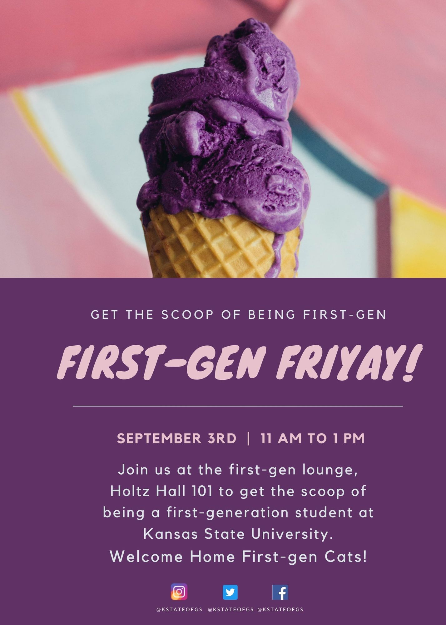 first-gen fri-yay poster with a puprle icecream on it.