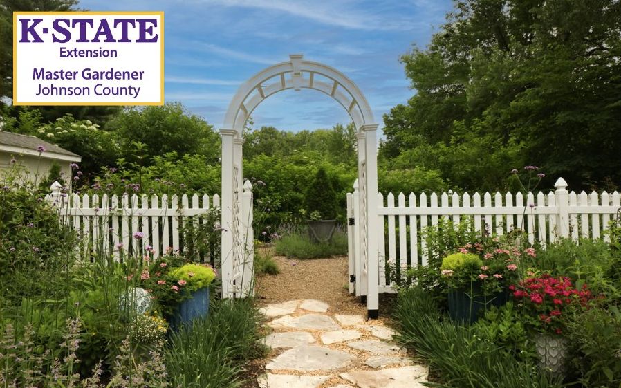 stone pathway leading through an arch and white fence with flowers and shrubs in the foreground